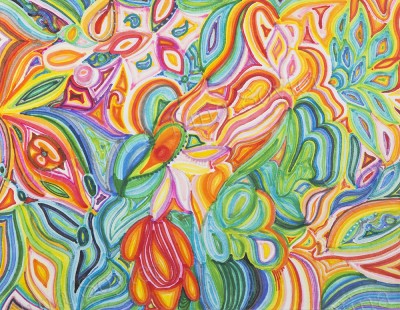 Endemic Dewdrops (crayons, gel pen, paper, 28 x 22 cm)